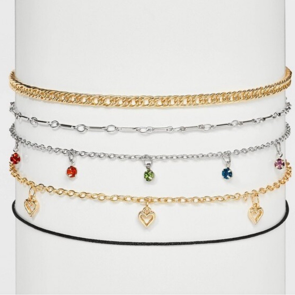 *New* Wild Fable Hearts & Colored Stones Chain Choker Necklace Set Of 5